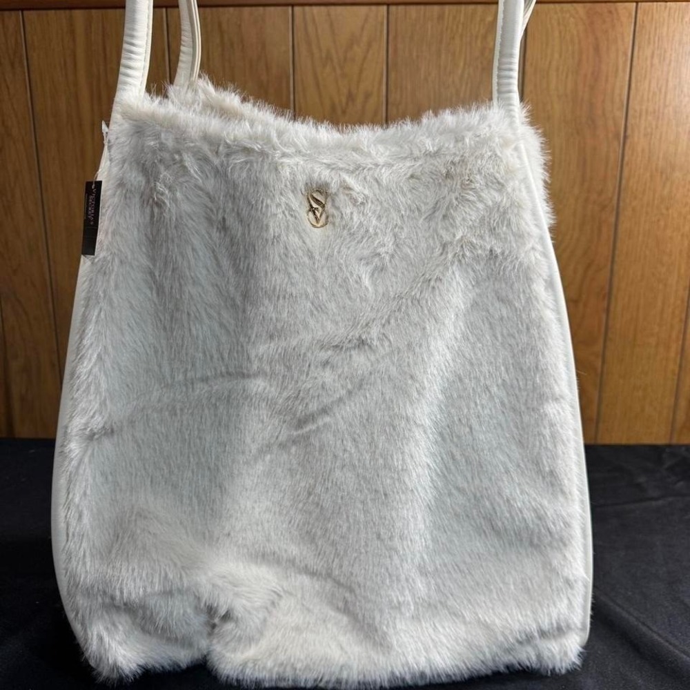 Victoria Secret White faux fur bag with gold accents NWT